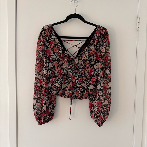 Floral Lace-Up Back V-Neck Women’s Top - Pink Multicolor - Picture 3 of 8